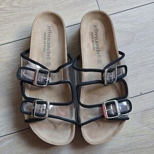 Jeffrey Campbell Black and Transparent Buckle Slides